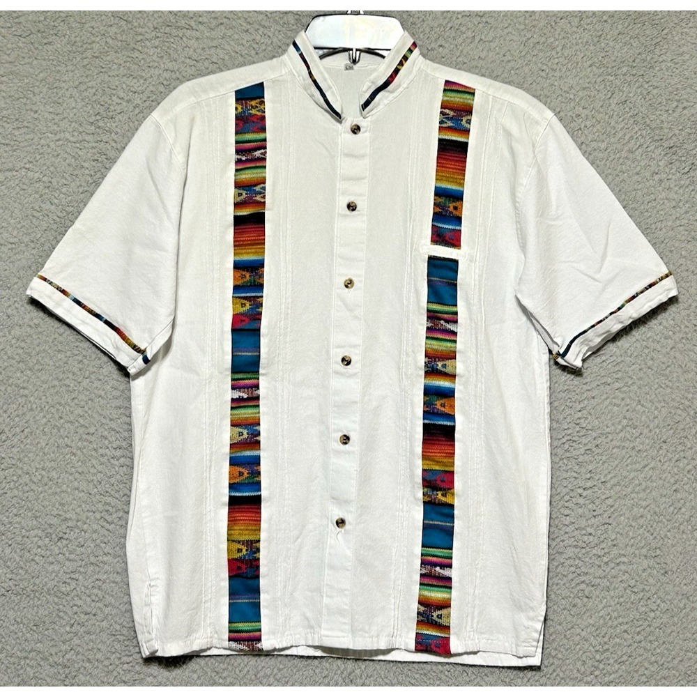 Guayabera‎ Button Up Shirt Peruvian Style Top Mens Medium White Pocket